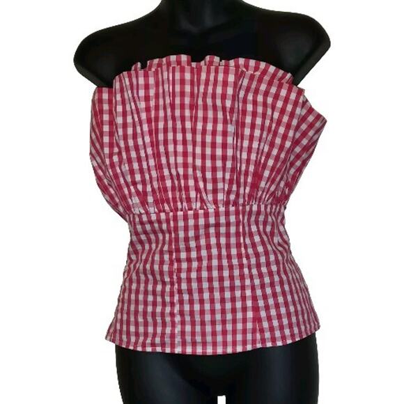 7th Ave New York & Co GINGHAM RED WHITE Halter Style Top FUNKY Checkered Sz L - Picture 4 of 15